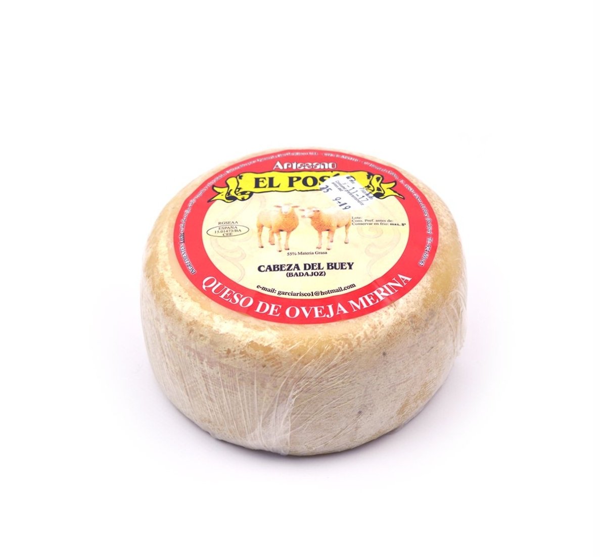 Queso artesano de oveja merina, pieza entera con etiqueta roja, de Cabeza del Buey (Badajoz)